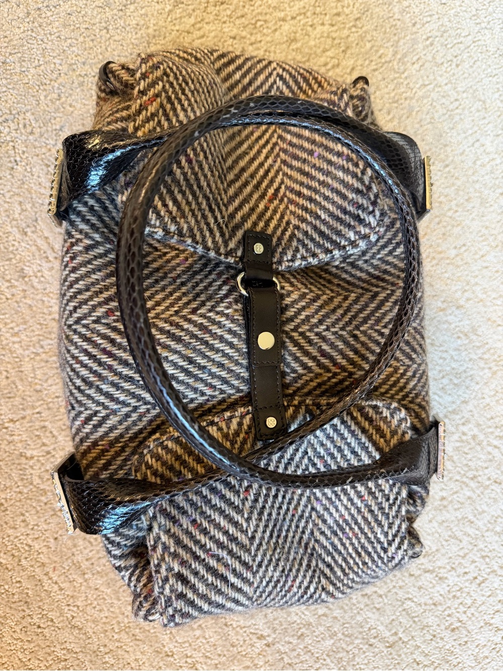 Rare Vintage Kate Spade Nottingham Tweed Herringbone Satchel Wool Leather Bag - Picture 6 of 7